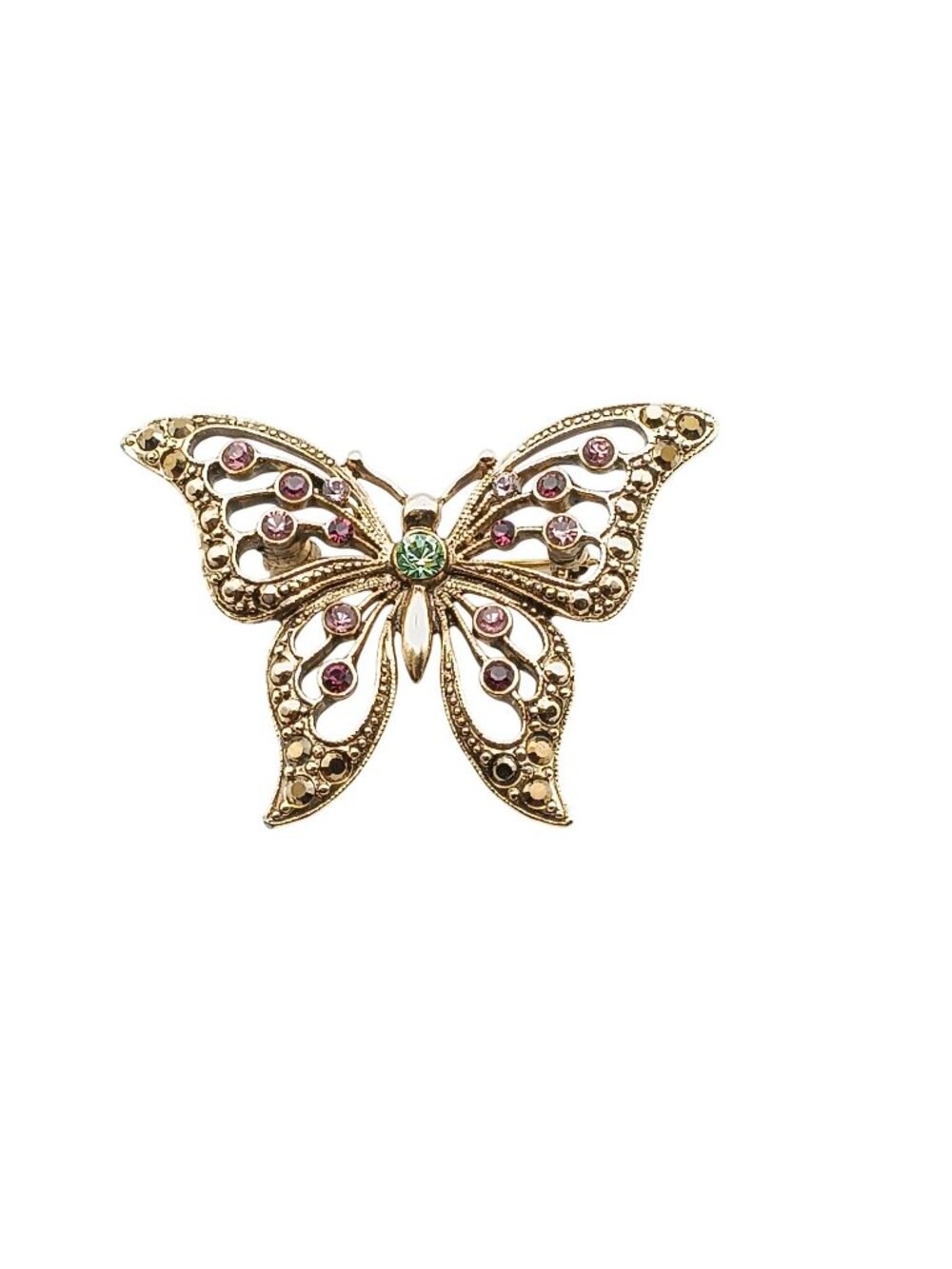 Trifari Gold Tone Butterfly Brooch With Pink & Green Rhinestones Vintage Jewelry